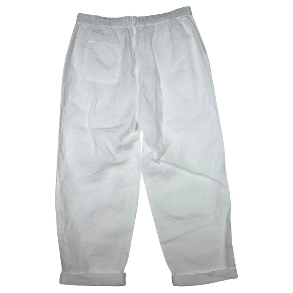 Quince White 100% Linen Elastic Waist Cropped‎ Pants Cuffed Hem Size S